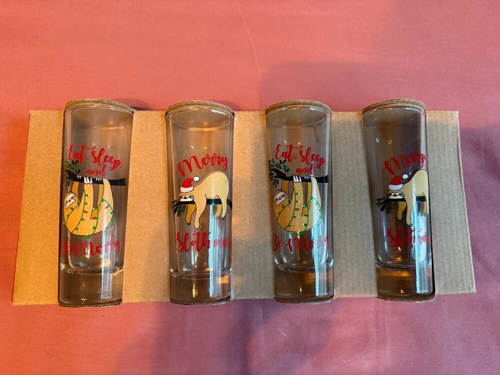 Set of 4 Christmas Sloth Tall Shooter Shot Glasses 2 oz Holiday Barware Boxed